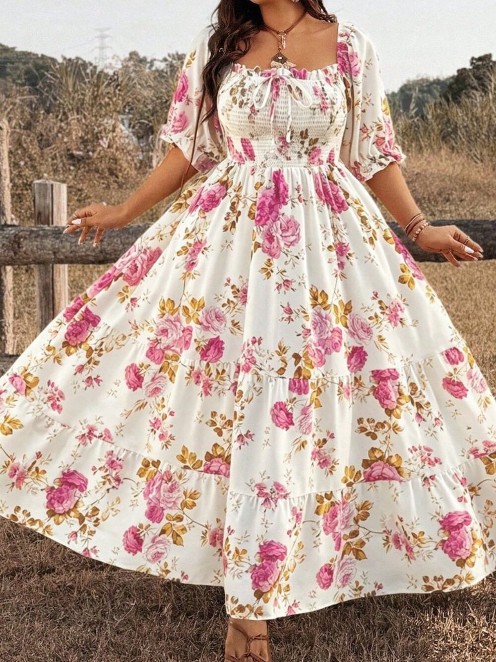 Multicolor Boho Women's Plus Size Floral short sleeve maxi Dress - Picture 5 of 7